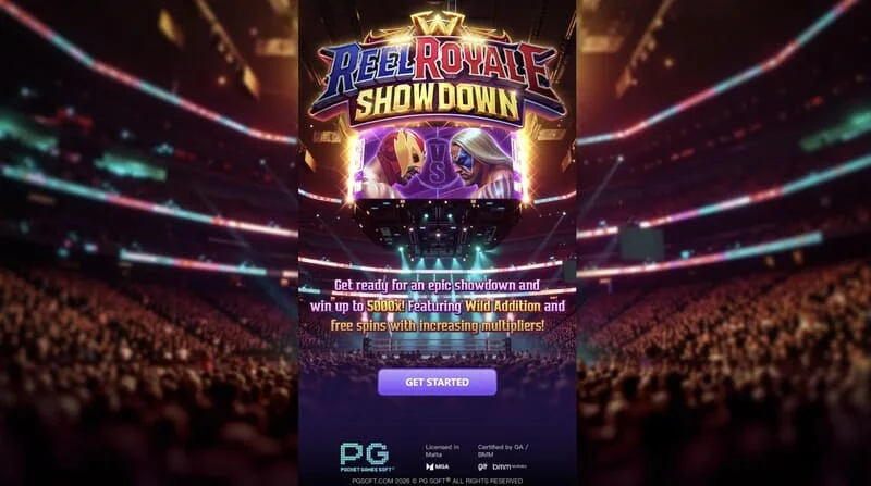 Reel Royale Showdown - layar utama dengan gulungan dan tiga sel Wild Addition